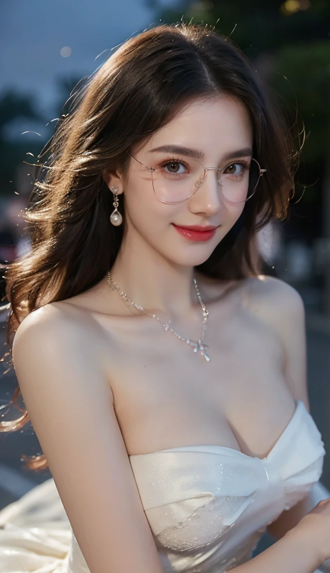(Canon RF85mm f/1.2), (8K, RAW photos, best quality), (masterpiece), (actual, photograph actual), (Very detailed, High Detail, Best image quality, Super detailed, high resolution, Very detailed, Very detailed的描述, Ultra-fine, Extremely exquisite and beautiful work), Beautiful and delicate girl, Solo Girl, ((Perfect body)), Very detailed eyes and face, White skin, Noble beauty, ((The skin texture is delicate, Pores)), Perfect anatomical structure, Beautiful body, Delicate face, Slim abs, Slim waist), Big Ass, (Large Breasts, Breast enlargement), (Cleavage), (affectionate gaze, soulful eyes, Glowing eyes), (beautiful and clear eyes), (Bounce Curly Messy Long Hair), (Smile:1.2), (fascinated expression), (Attractive appearance), ((Cardigan，Strapless wedding dress)), ((Tight)), ((bud)), ((wear glasses)), earrings, necklace, ((night)), ((Street View, moonlight)), Physically Based Rendering, Realistic lighting, (((Upper Body))), ((looking at the audience)), ((Everlasting)), ((Happy and shy))