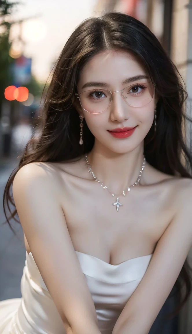 (Canon RF85mm f/1.2), (8K, RAW photos, best quality), (masterpiece), (actual, photograph actual), (Very detailed, High Detail, Best image quality, Super detailed, high resolution, Very detailed, Very detailed的描述, Ultra-fine, Extremely exquisite and beautiful work), Beautiful and delicate girl, Solo Girl, ((Perfect body)), Very detailed eyes and face, White skin, Noble beauty, ((The skin texture is delicate, Pores)), Perfect anatomical structure, Beautiful body, Delicate face, Slim abs, Slim waist), Big Ass, (Large Breasts, Breast enlargement), (Cleavage), (affectionate gaze, soulful eyes, Glowing eyes), (beautiful and clear eyes), (Bounce Curly Messy Long Hair), (Smile:1.2), (fascinated expression), (Attractive appearance), ((Cardigan,Strapless wedding dress)), ((Tight)), ((bud)), ((wear glasses)), earrings, necklace, ((night)), ((Street View, moonlight)), Physically Based Rendering, Realistic lighting, (((Upper Body))), ((looking at the audience)), ((Everlasting)), ((Happy and shy))