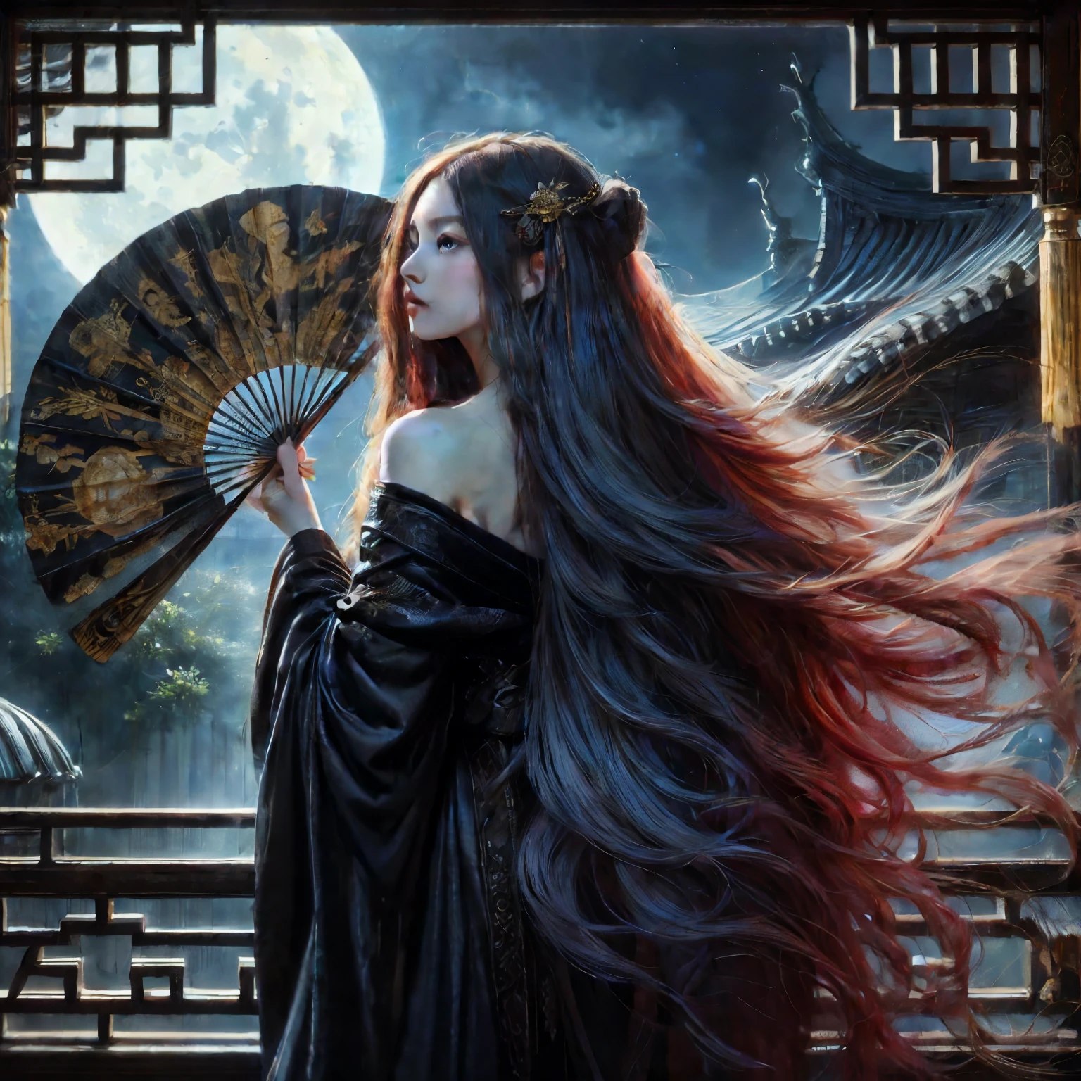 An ultra beautiful Asian woman long red-golden blue hair, holding a very ultra ornate long black ancient liquored Asian fighting fan, wearing a long black Chinese womans dressing gown, in a darkened room of moonlight streak in through the opened balcony window, Chinese garden, night sky, black ink, in the style of Caravaggio, Fan Zhongzheng, and Da Vinci, 8k resolution, hyperdetailed, photorealistic, an oil painting art style, Sfumato,