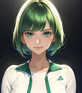 sad face,big bangs,beautiful bangs,green hair,Emerald hair,short hair,short hair,bright face,upper body up,chest up,business woman,intellectual,smile,jacket,white shirt , laughter,drooling eyes, alone,Flow of hair that extends to the face,Big light blue eyes shine charmingly,green one piece,eyeliner,Shining white skin,