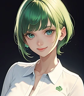 sad face,big bangs,beautiful bangs,green hair,Emerald hair,short hair,short hair,bright face,upper body up,chest up,business woman,intellectual,smile,jacket,white shirt , laughter,drooling eyes, alone,Flow of hair that extends to the face,Big light blue eyes shine charmingly,green one piece,eyeliner,Shining white skin,