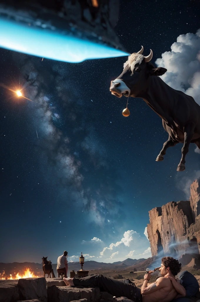 An asteroid falling to Earth, with a cow on top of him smoking a hookah
