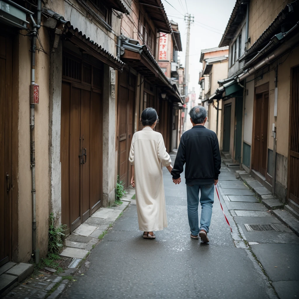 ((masterpiece)), ((best quality)),((hyper-realistic)), 8k, high detailed, ultra-detailed, an elderly Taiwanese couple and a dog walking slowly in an old urban neighborhood alley in Taiwan, back view, the couple is holding hands, walking slowly, old mixed-breed dog, closely following, blurry background, narrow alley, worn buildings on both sides, back view, sense of serene time, daytime, soft light, atmospheric, detailed texture, realistic, old clothes, warm tones, worn pavement, natural pose, delicate expressions, emotional, nostalgic feeling, calm environment, urban district, traditional buildings, subtle shadows, soft focus, authenticity,