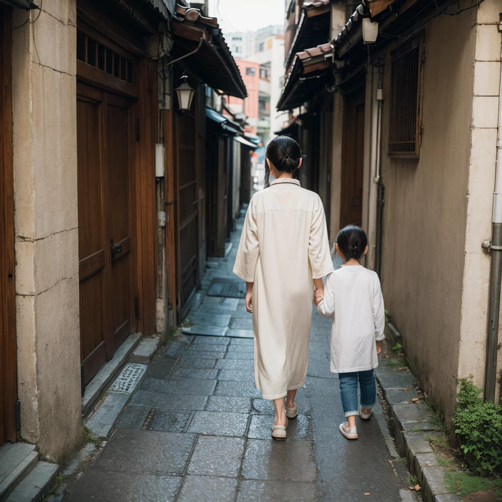 ((masterpiece)), ((best quality)),((hyper-realistic)), 8k, high detailed, ultra-detailed, an elderly Taiwanese couple and a dog walking slowly in an old urban neighborhood alley in Taiwan, back view, the couple is holding hands, walking slowly, old mixed-breed dog, closely following, blurry background, narrow alley, worn buildings on both sides, back view, sense of serene time, daytime, soft light, atmospheric, detailed texture, realistic, old clothes, warm tones, worn pavement, natural pose, delicate expressions, emotional, nostalgic feeling, calm environment, urban district, traditional buildings, subtle shadows, soft focus, authenticity,