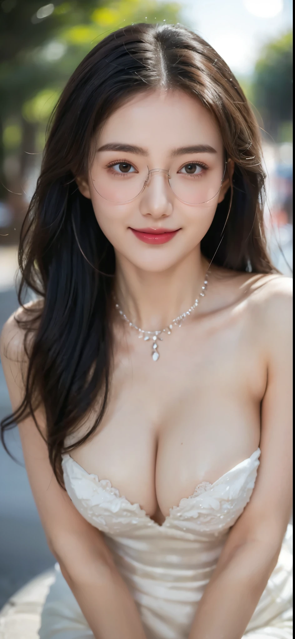 (Canon RF85mm f/1.2), (8K, original photo, best quality), (masterpiece), (Practical, photograph Practical), (Very detailed, High Detail, Best image quality, Very detailed, high resolution, Very detailed, Very detailed的描述, Ultrafine, Extremely exquisite and beautiful work), Beautiful and delicate girl, Solo Girl, ((Perfect body)), Very detailed eyes and face, White skin, Noble and beautiful, ((The skin texture is delicate, Pores)), Perfect anatomical structure, Beautiful Body, Delicate face, Slim abdominal muscles, Slim waist), Big Ass, (Large Breasts, Breast enlargement), (cleveage), (Soulful gaze, soulful eyes, Glowing eyes), (Beautiful clear eyes), (Bounce Curly Messy Long Hair), (Smile:1.2), (Fascinated expression), (Beautiful appearance), ((Low-cut,Wedding dress,No Sling,Show your shoulders,E Cup)), ((Tight)), ((Bud)), ((wear glasses)), earrings, necklace, ((night)), ((Street View, moonlight)), Physically Based Rendering, Realistic lighting, (((Deep Crack))), ((Looking at the audience)), ((eternal)), ((Happy and shy))