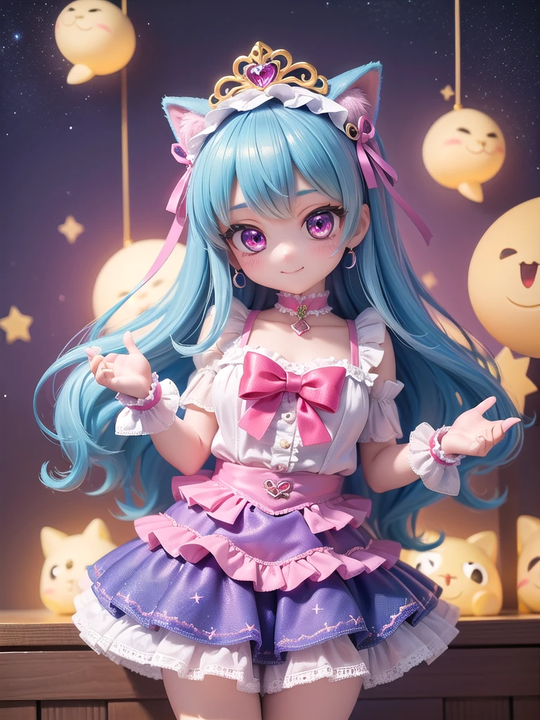 ((Highest quality)), ((masterpiece)), (be familiar with), 3d, Perfect Face, Big eyes, Drooping eyes, eyelash, The sparkling light of the eyes, (precure), (Aikatsu!), idol magical girl, lolita fashion, (mini skirt), big breasts, shy smile, closed mouth