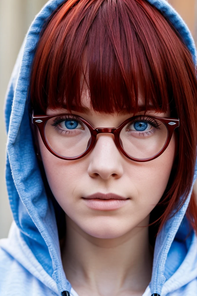 young lady naked with hooded upturned eyes and red hair with bangs and glasses, round square face, pretty blue eyes