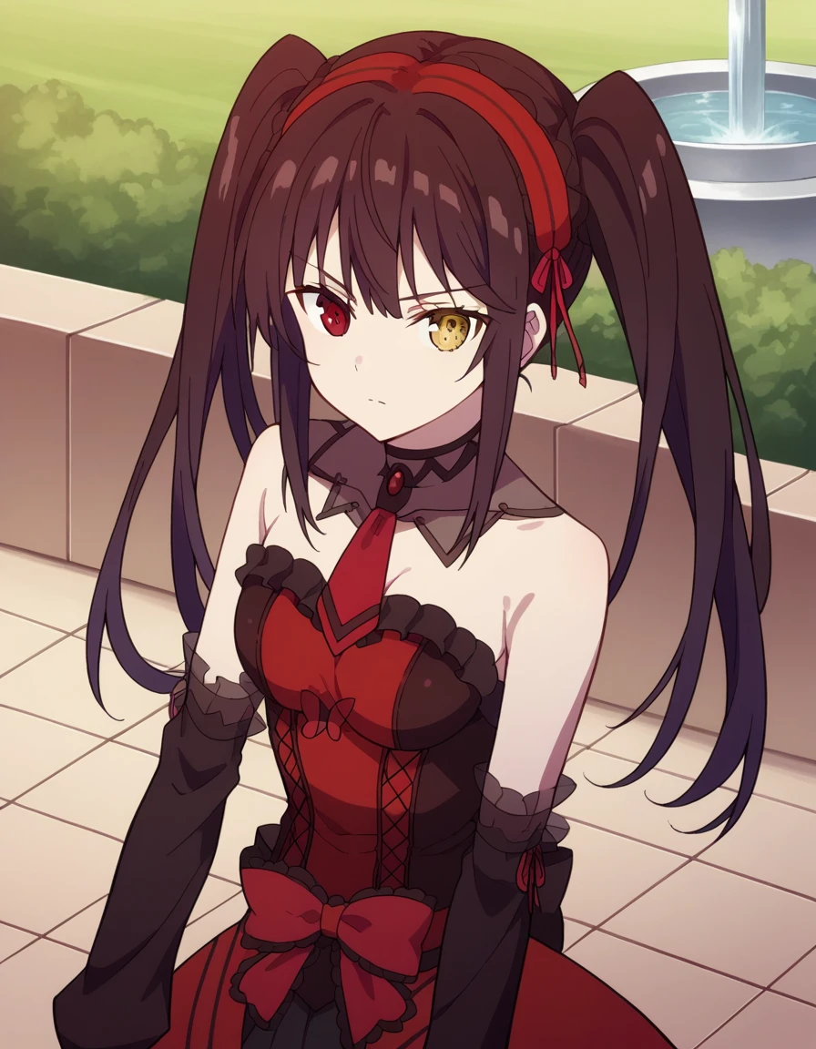 punctuation_9, punctuation_8_High above, punctuation_7_High above, fountain_アニメ,
kurumitokisaki, tokisaki kurumi, Bblack hair, Eyes red, long hair,
twintails, yellow  eyes, hair elastic, heterochromia, don, red don, bared shoulders, clavicle, choker, butterfly necktie, red butterfly necktie, detached sleeves, corset, volantes, neckleace,
plein-air, paisaje, natta, moonligh, he finished, ssmile,
standing alone, dutch angle, gazing at viewer, cowboy shot,