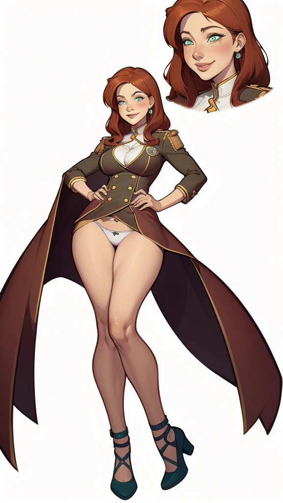 (cartoon style:1.2), Drawings of (Ginevra Molly Weasley), ssmile, perfect green eyes, face detailed, White background, fun pose, seducing gaze,Full body wearing the Sanserina uniform, beautiful medium breasts and wonderful body cartoon style digital illustration. wearing panties