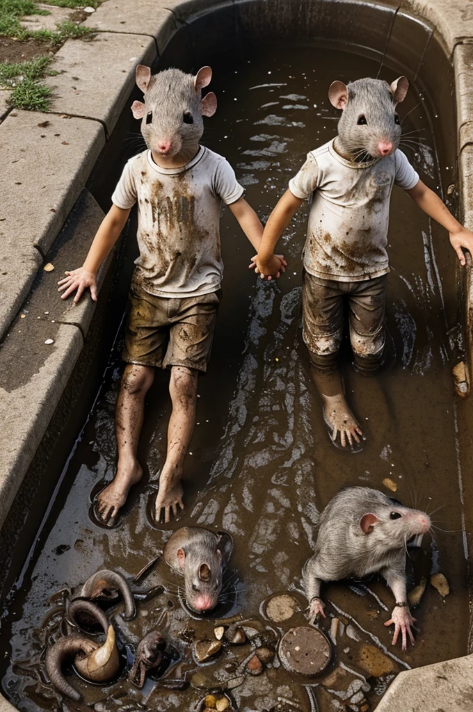 Two ugly dirty rats holding hand in dirty drain