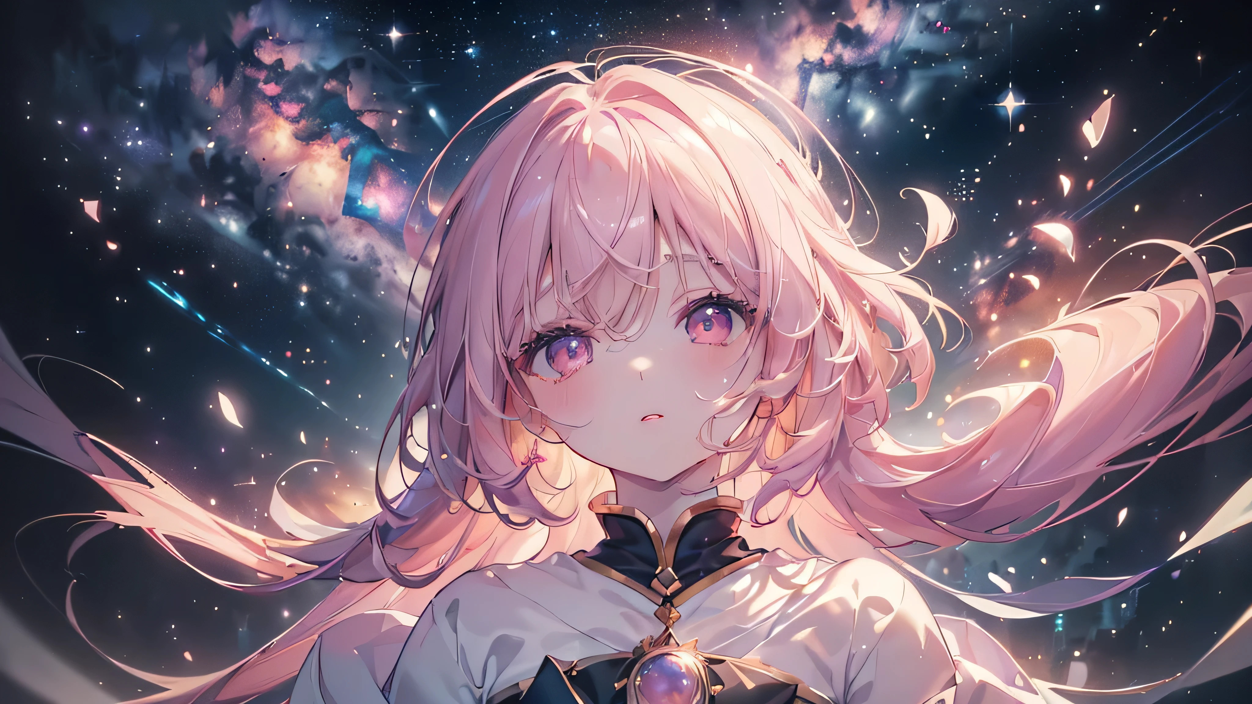 (((Highest quality、masterpiece、Ultra-fine、Ultra-fine、Exquisite、16K、Full HD,high school girl,))) 、 (((Looking up))) 、Dark Eyes、Long eyelashes、White skin、(Pale pink lips、Pale pink cheeks、thin and long)、 ((cute)) ((One person)) 、 、Wide Shot、Space galaxy background、(A magnificent composition、epic proportion)、Dynamic lighting、