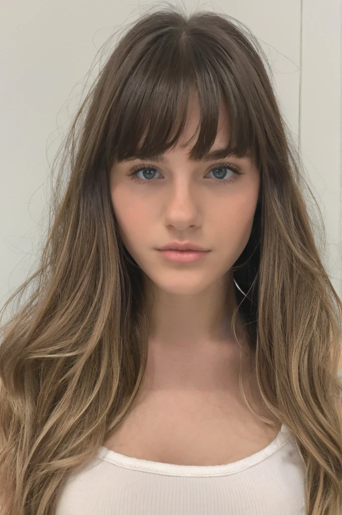 A pretty 17 year old white girl with long hair with wavy bangs with a cute and pretty but tender and sexy face