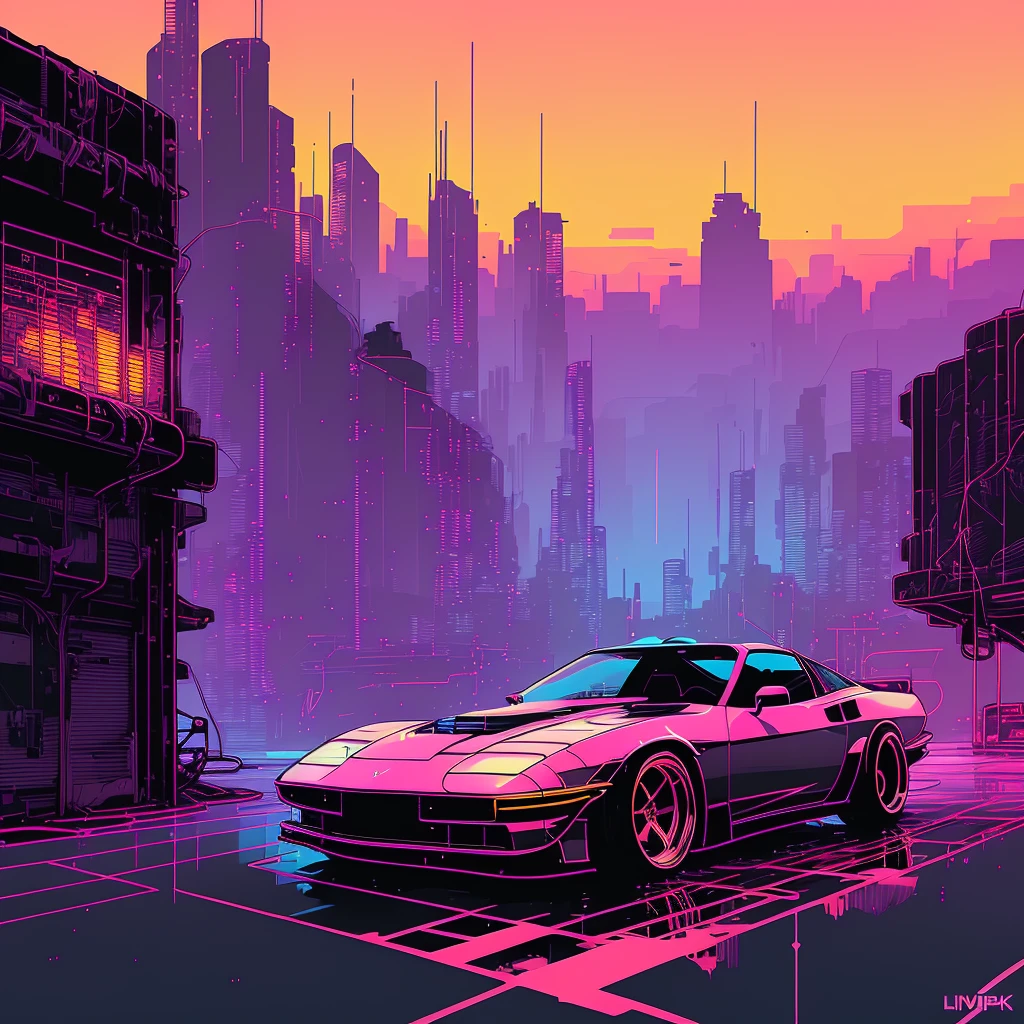 (nvinkpunk:1.2) (snwve style:0.8) corvette, lightwave, SUNSET, intricate, highy detailed