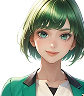 big bangs,beautiful bangs,green hair,Emerald hair,short hair,short hair,bright face,upper body up,chest up,business woman,intellectual,smile,jacket,white shirt , laughter,drooling eyes, alone,Flow of hair that extends to the face,Big light blue eyes shine charmingly,green one piece,eyeliner,Shining white skin,