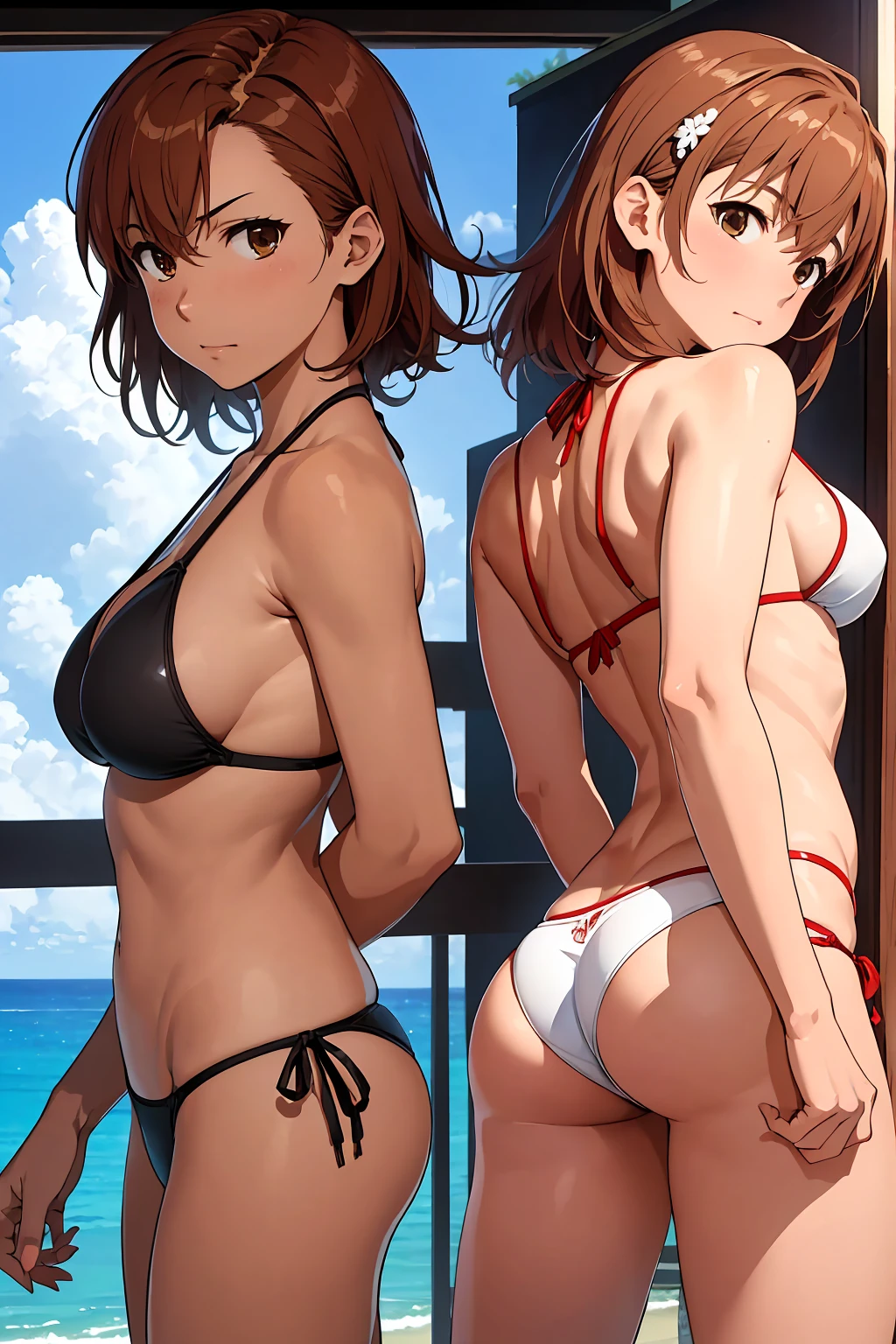 (Highest quality:1.5, High resolution, 超High resolution, 4K, Detailed lighting, Shaders), NSFW Misaka Mikoto,　Solo Shorthair　Brown Hair　Brown eyes　Cool face　　((Black thong bikini))++　　Realistic sun rays　 Beautiful beaches　Super fatty muscle　Muscular　Beautiful ass　Beautiful back　Sweat　Side angle