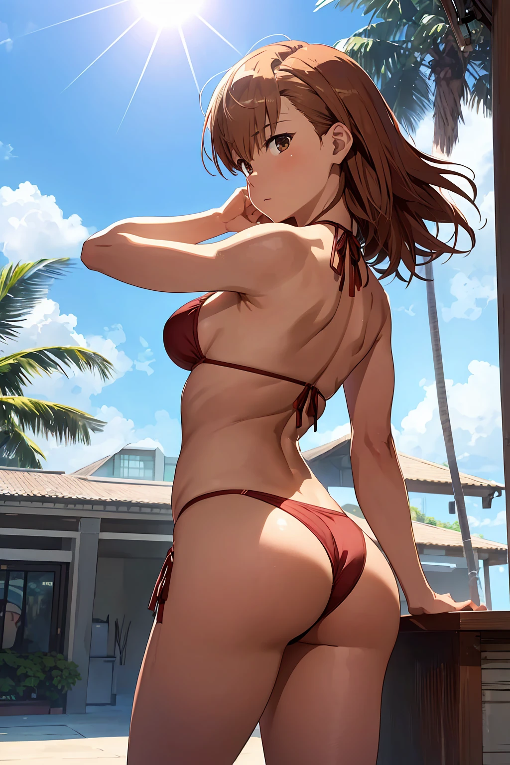 (Highest quality:1.5, High resolution, 超High resolution, 4K, Detailed lighting, Shaders), NSFW Misaka Mikoto,　Solo Shorthair　Brown Hair　Brown eyes　Cool face　　((Black thong bikini))++　　Realistic sun rays　 Beautiful beaches　Super fatty muscle　Muscular　Beautiful ass　Beautiful back　Sweat　Side angle