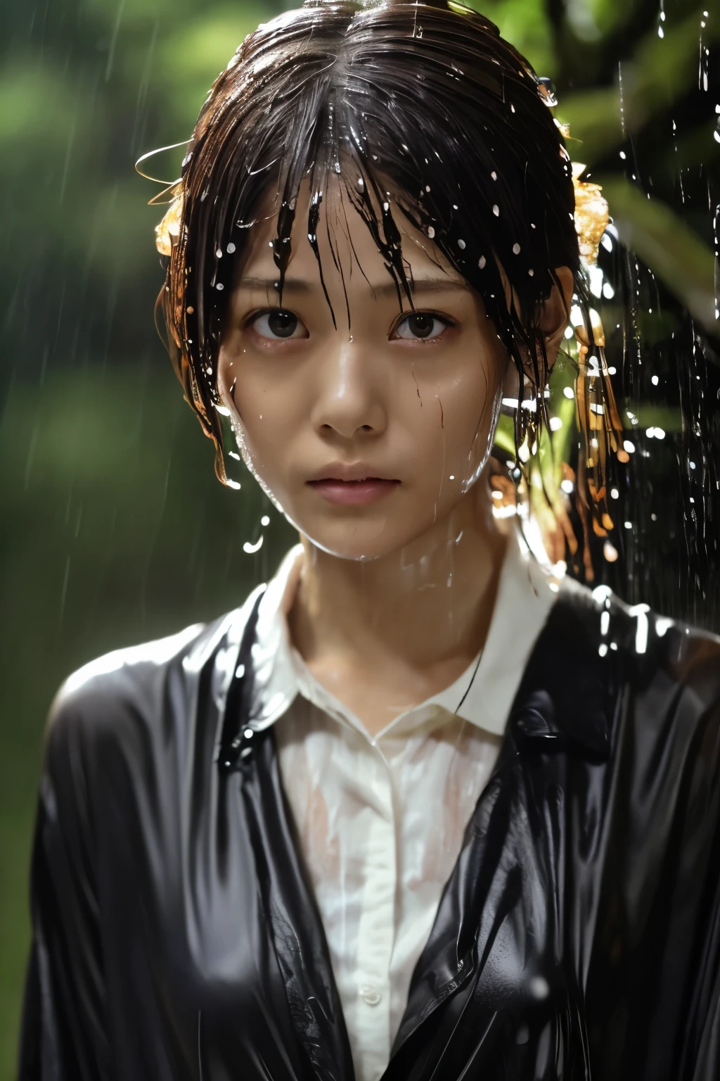 Best Image Quality, masterpiece, Ultra high resolution, (loyalty :1.4), Skinny Japanese woman, 1 girl, detailed face, detailed eyes, correct human body structure, dim, Dark, Tears, Tearsdrop, (White shirt), (wet soaked clothes sticking to the body:1.4), bare shoulders, wet hair, torrential rain, in the deep forest, 