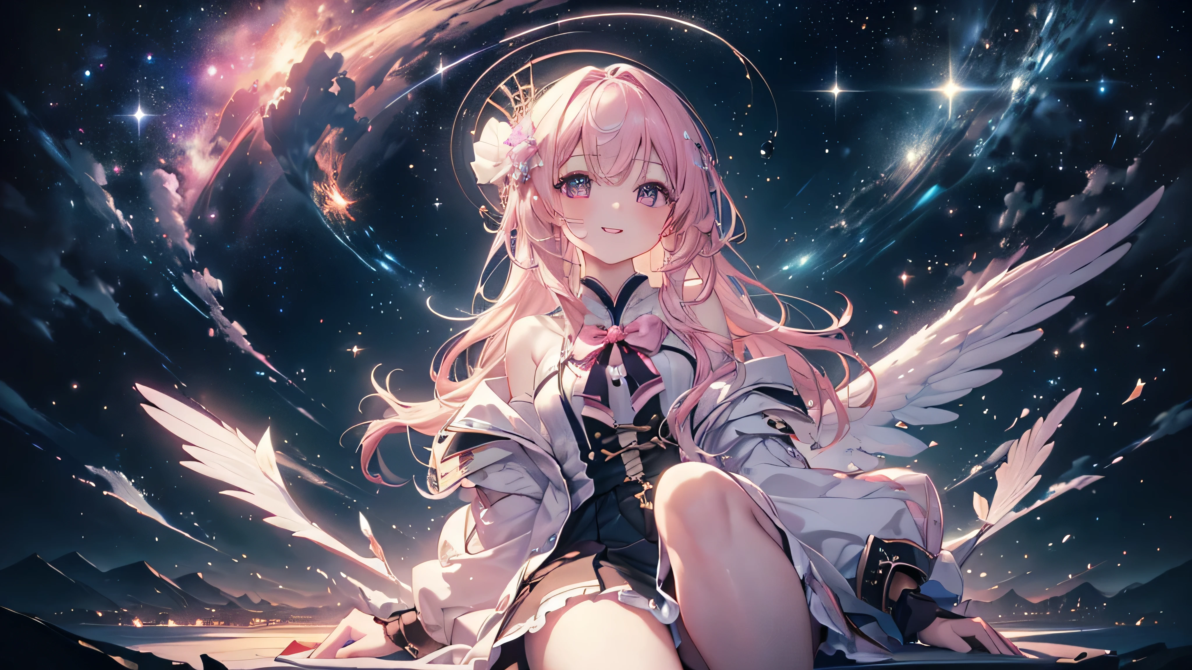(((Highest quality、masterpiece、Ultra-fine、Ultra-fine、Exquisite、16K、Full HD,high school girl,))) 、Sitting,((The best smile)), (((Looking up)))) 、Dark Eyes、Long eyelashes、White skin、(Pale pink lips、Pale pink cheeks、thin and long)、 ((cute)) ((One person)) 、((Glare)) 、Wide Shot、Space galaxy background、(A magnificent composition、epic proportion)、Dynamic lighting、、