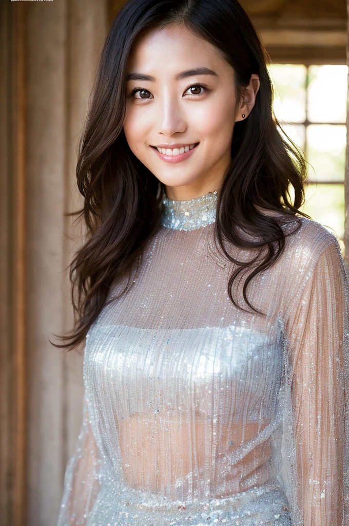 You are a professional photographer。future、Beautiful Eyes、 ((Highest quality)), Clear contours, Woman with beautiful face, (((One Girl,alone))), ((Beautiful Eyes)),  Appeal,Albedo and Specular Maps、Accurate simulation of lightweight material interactions、A woman taking a photo wearing a see-through top, Light Smile、perfect body,Warrior