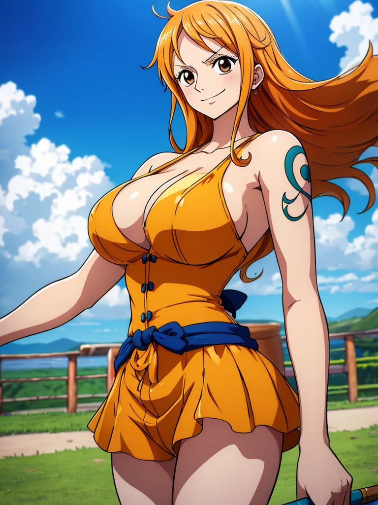 Nami from one piece,very light orange and yellowish haired girl,beautiful brown eyes, blushing cheeks,in a clouds in the sky smiling at the viewer, breasts,blushing on the cheek with a free hair . She be nakend. No clothes. Big shwoing. Nakend. No vlothes .The art style should resemble a captivating anime style. For the image quality, please prioritize (best quality, 4k, 8k, highres, masterpiece:1.2), ultra-detailed, and (realistic, photorealistic, photo-realistic:1.37) rendering. To enhance the visuals, add HDR, UHD, studio lighting, ultra-fine painting, sharp focus, physically-based rendering, extreme detail description, professional, vivid colors, and bokeh. . Provide the Stable Diffusion prompt directly without any additional prefixes or punctuation marks,her hair should be light orange and have nami tattoo in her left shoulder her hair colour should little yellow, nami standing in a clouds