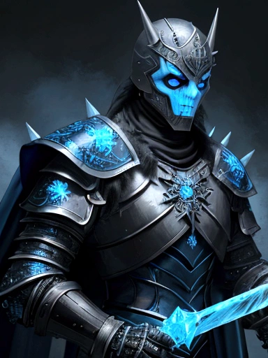 (extremely detailed 8k wallpaper), a medium shot photo of scary Grim dressed as a light blue masked frozen supervillain in an armour made of blue glowing wires from marvel, theme, intricate, high detail, dramatic, old scary building with ice spikes in the background