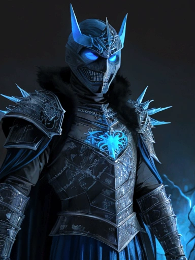 (extremely detailed 8k wallpaper), a medium shot photo of scary Grim dressed as a light blue masked frozen supervillain in an armour made of blue glowing wires from marvel, theme, intricate, high detail, dramatic, old scary building with ice spikes in the background