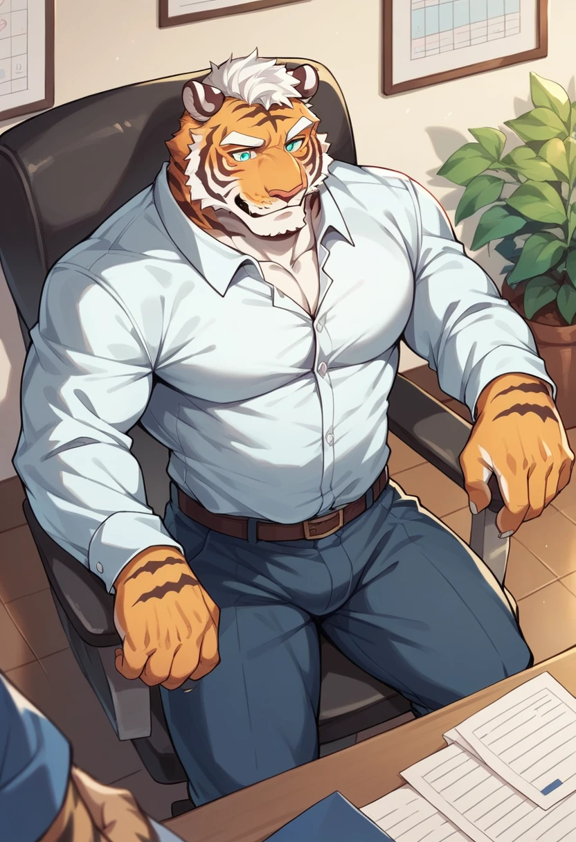 Author: bontiage, (1 boy), One, tiger, big bulge, masturbation, pants, long sleeve plain shirt, necktie, Men's Second, kemono, hot body, muscle, Beautiful, sexual, Attractive guy, (Detailed black eyes), brows, (masterpiece, A high resolution, Best quality), 4K, a male, Beautiful shadow 