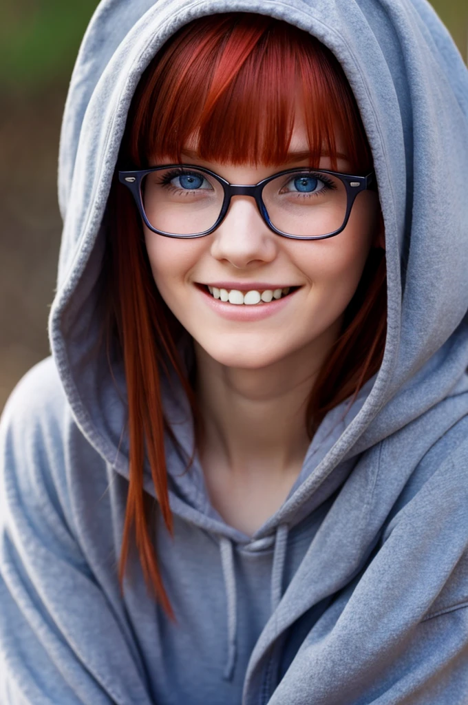 young lady naked with hooded upturned eyes and red hair with bangs and glasses, round square face, pretty blue eyes, small teeth smile