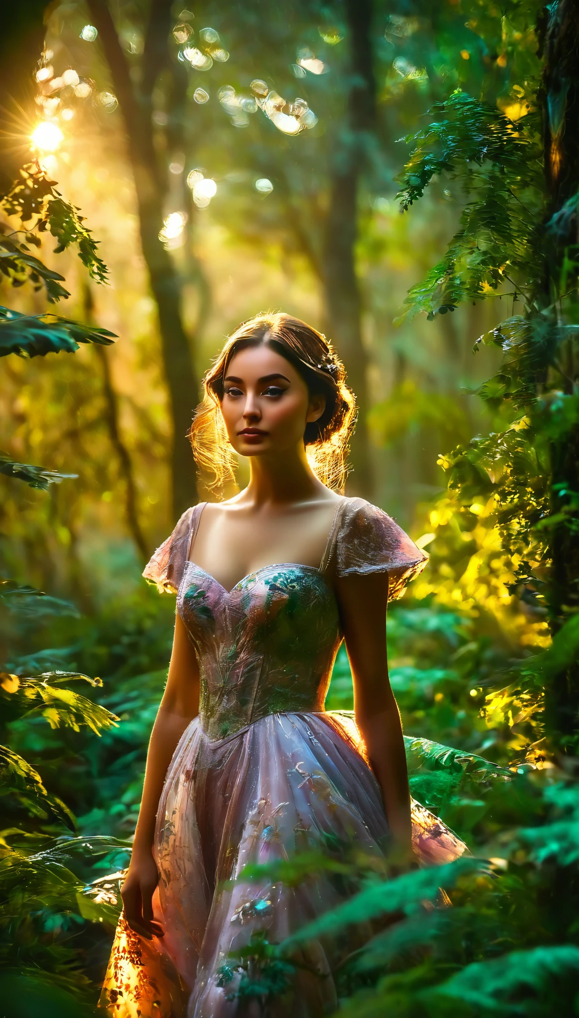 a beautiful forest at dawn, idyllic, magical, majestic, epic lighting, 8K, 1girl, detailed face, detailed eyes, detailed lips, long eyelashes, beautiful dress, serene expression, lush foliage, colorful flowers, sunbeams, photorealistic, cinematic, warm colors, dramatic lighting, intricate details