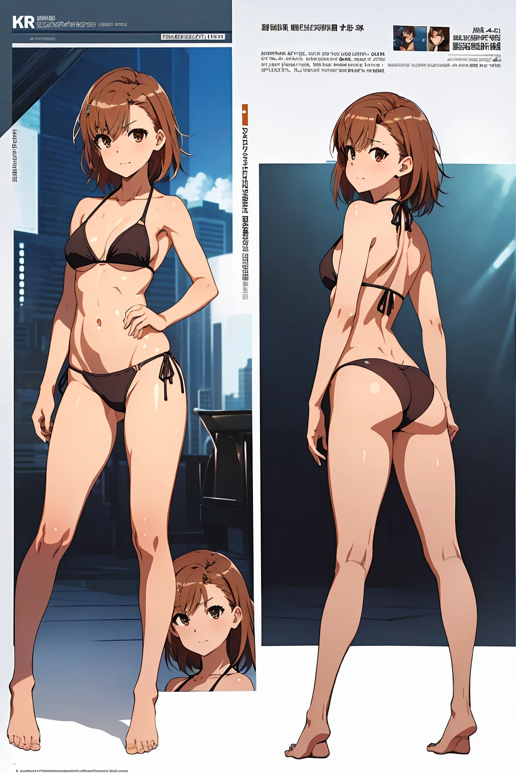 (Highest quality:1.5, High resolution, 超High resolution, 4K, Detailed lighting, Shaders), NSFW Misaka Mikoto,　独奏　short hair　Brown Hair　Brown eyes　Cool face　　((Black thong bikini))++　　Realistic sun rays　 Beautiful beaches　Super fatty muscle　Muscular　Beautiful ass　Beautiful back　Sweat　Side angle