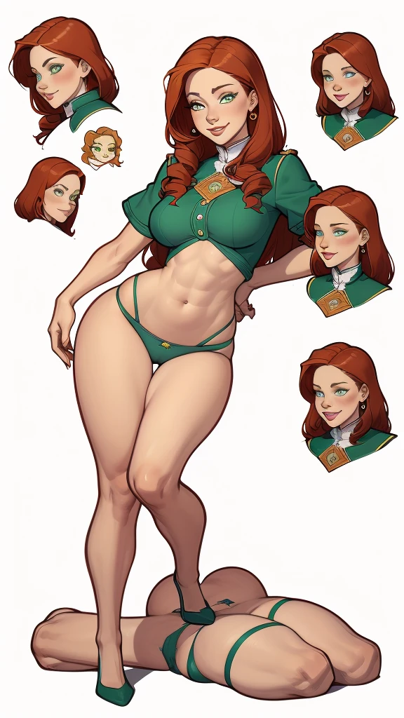 (cartoon style:1.2), Drawings of (Ginevra Molly Weasley), ssmile, perfect green eyes, face detailed, White background, fun pose, seducing gaze,Full body wearing the Sanserina uniform, beautiful medium breasts and wonderful body cartoon style digital illustration. wearing panties