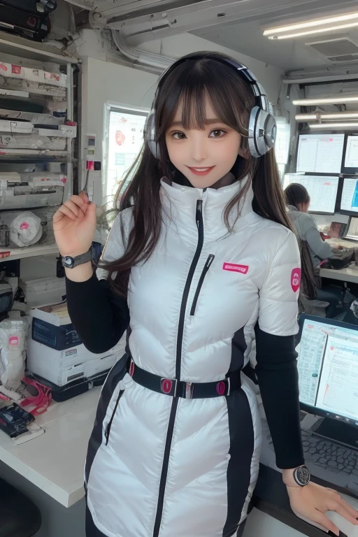 masterpiece, Highest quality, Very detailed, 8K Portrait,Japanese Android Girl,plump , Control panel,Robotic arms and legs, Blunt bangs,,break (Metallic Gray, Metallic luster, Mirror finish, Astro Best):5,headphone:5,break (Black sleeves):100,Smart Watches,Futuristic space station,Control Room,break headphone,blue eyes,(Black Hair):2,(Long Hair):1.3,Displaying the viewer,(respirator),break blush:3,Hidden Hand,smile