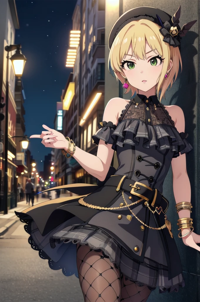 masterpiece, Highest quality, High resolution, Humphrey, Blonde, Braiding, beret, Black Hat, Earrings, Bracelet, Plaid, Bare shoulders, Black Bow, Black Dress, Wrist cuff, bracelet, belt, Fishnet tights, Idolmaster Cinderella Girls, night, city, street, Are standing, Cowboy Shot, Arms at your sides, Straight,