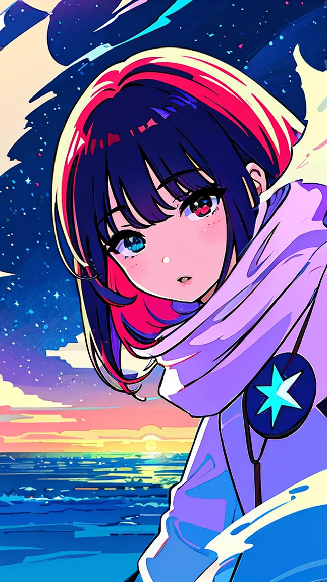 masterpiece, best quality, divine quality, godlike art, extremely detailed face, full body, highly surreal, cute, young girl, big eyes, long lashes, colorful hair, heterochromia, glossy skin, full lips, plump lips, blushing, stunning scenery, in space, starry background, actress, dazzling light, colorful lighting, wearing robes, dark as well