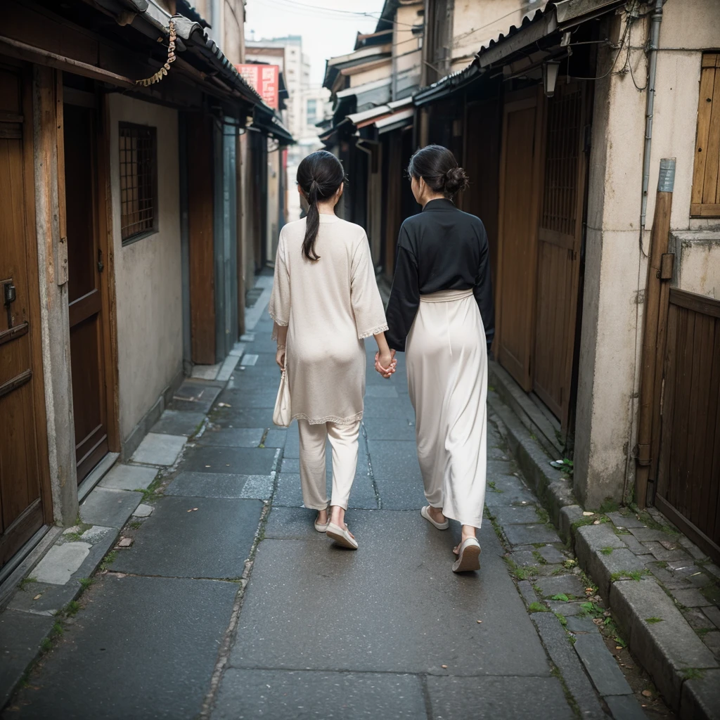 ((masterpiece)), ((best quality)),((hyper-realistic)), 8k, high detailed, ultra-detailed, an elderly Taiwanese couple and a dog walking slowly in an old urban neighborhood alley in Taiwan, back view, the couple is holding hands, walking slowly, old mixed-breed dog, closely following, blurry background, narrow alley, worn buildings on both sides, back view, sense of serene time, daytime, soft light, atmospheric, detailed texture, realistic, old clothes, warm tones, worn pavement, natural pose, delicate expressions, emotional, nostalgic feeling, calm environment, urban district, traditional buildings, subtle shadows, soft focus, authenticity,