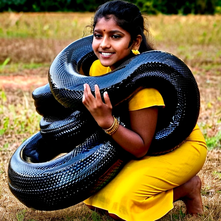  Happy Horny, aroused 1girl), beautiful kneeling indian young teen girl  with  giant colossal black titanboa squeezing her hard, wrapped in thick spiraling coils, constricted, struggle, gasping for air, snake attack, snake peril, moonless night, dim light