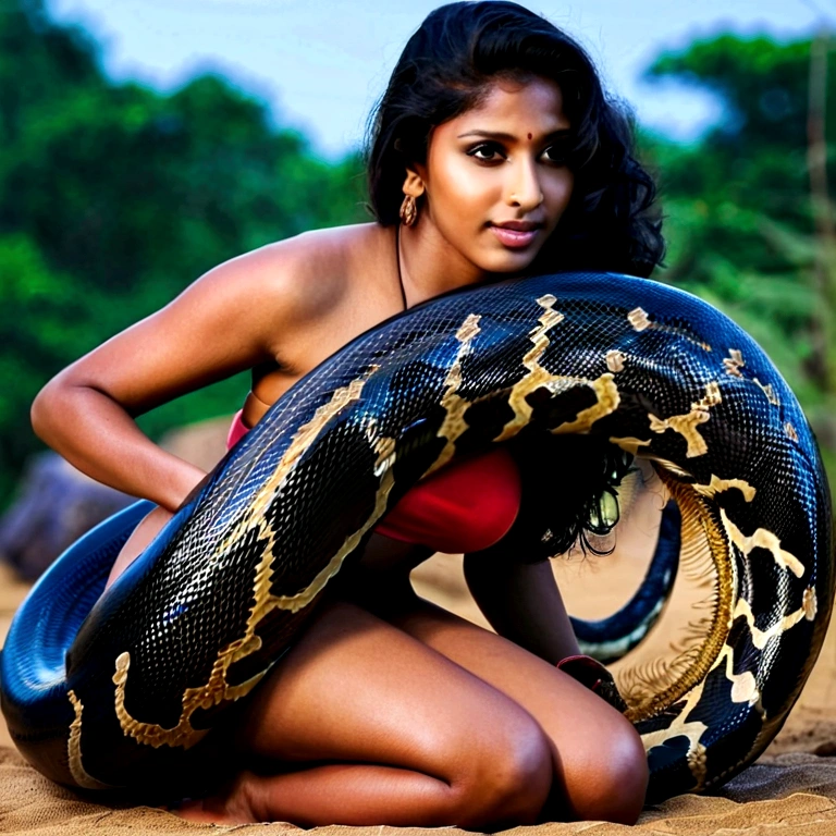 Happy Horny, aroused 1girl), beautiful kneeling indian young girl with giant colossal black titanboa squeezing her hard, wrapped in thick spiraling coils, constricted, struggle, gasping for air, snake attack, snake peril, moonless night, dim light