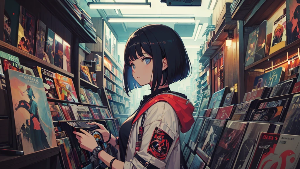 A very detailed beautiful woman, Perfect face,Black Hair, bob cut,Bangs, Gray eyes, Super detailed, Retro Wave, Room, Depth of Field, (((Record store))), Nostalgia, panoramic, (((records on bookshelf.))), (((Various angles))), (((cyberpunk))), (((neon))),(((Front view))),(((night))), (((straight on))), (((Large windows))), (masterpiece, best quality, best quality, Official Art, beautiful and aesthetic: 1.2), Old anime texture,