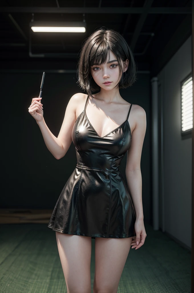 create a beautiful girl with short black hair, green eyes, ************, medium breasts, wearing a black mini dress, in disney pixar style 3d render, cute anime face, full body