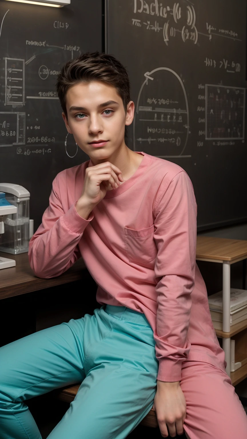 A cute, beautiful twink male young man with a face with make-up, blush, and eyeliner, and he has black hair, and he is wearing a long-sleeved, pink shirt and aqua blue pants. He is in his scientific office, sitting with medical scientific books next to him, and behind him is a blackboard with calculus written on it, and he comes out of the blackboard. Neon waves, and on the scientific desk is a medical model, looking proudly as he is a genius of surgical medicine