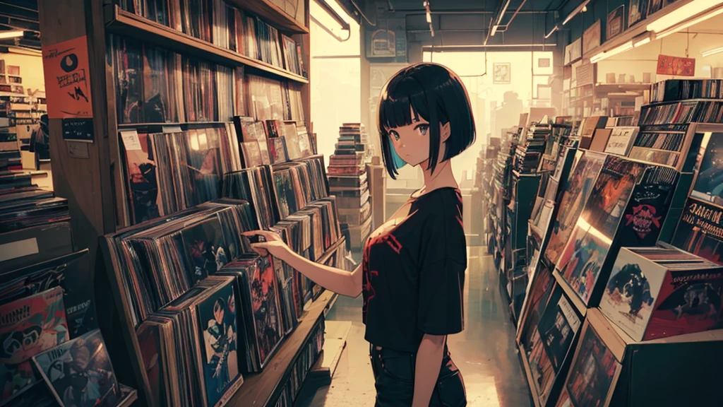 A very detailed beautiful woman, Perfect face,Black Hair, bob cut,Bangs, Gray eyes, Top of crop, Short sleeve, Super detailed, Retro Wave, Room, Depth of Field, Super detailed,(((Record store))), Nostalgia, panoramic, Long Shot, (((records on bookshelf.))), (((Various angles))), (((cyberpunk))), (((neon))),(((Front view))),(((night))), (((straight on))), (((Large windows))), (masterpiece, best quality, best quality, Official Art, beautiful and aesthetic: 1.2), Old anime texture,