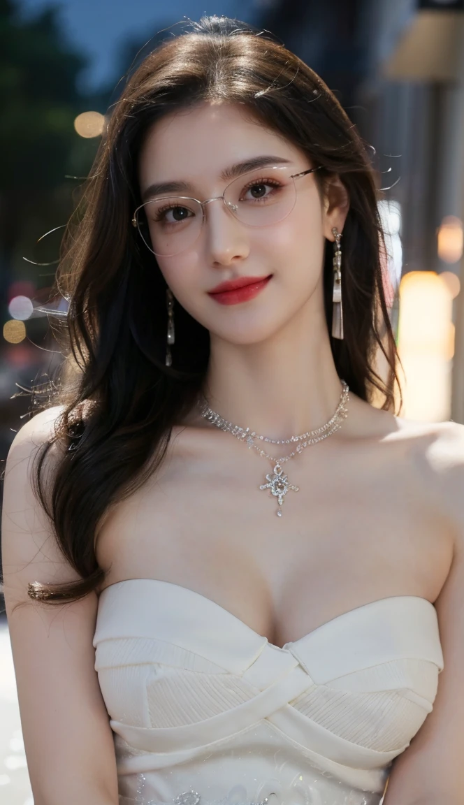 (Canon RF85mm f/1.2), (8K, RAW photos, best quality), (masterpiece), (actual, photograph actual), (Very detailed, High Detail, Best image quality, Super detailed, high resolution, Very detailed, Very detailed的描述, Ultra-fine, Extremely exquisite and beautiful work), Beautiful and delicate girl, Solo Girl, ((Perfect body)), Very detailed eyes and face, White skin, Noble beauty, ((The skin texture is delicate, Pores)), Perfect anatomical structure, Beautiful body, Delicate face, Slim abs, Slim waist), Big Ass, (Large Breasts, Breast enlargement), (Cleavage), (affectionate gaze, soulful eyes, Glowing eyes), (beautiful and clear eyes), (Bounce Curly Messy Long Hair), (Smile:1.2), (fascinated expression), (Attractive appearance), ((Cardigan,Strapless wedding dress)), ((Tight)), ((bud)), ((wear glasses)), earrings, necklace, ((night)), ((Street View, moonlight)), Physically Based Rendering, Realistic lighting, (((Upper Body))), ((looking at the audience)), ((Everlasting)), ((Happy and shy))