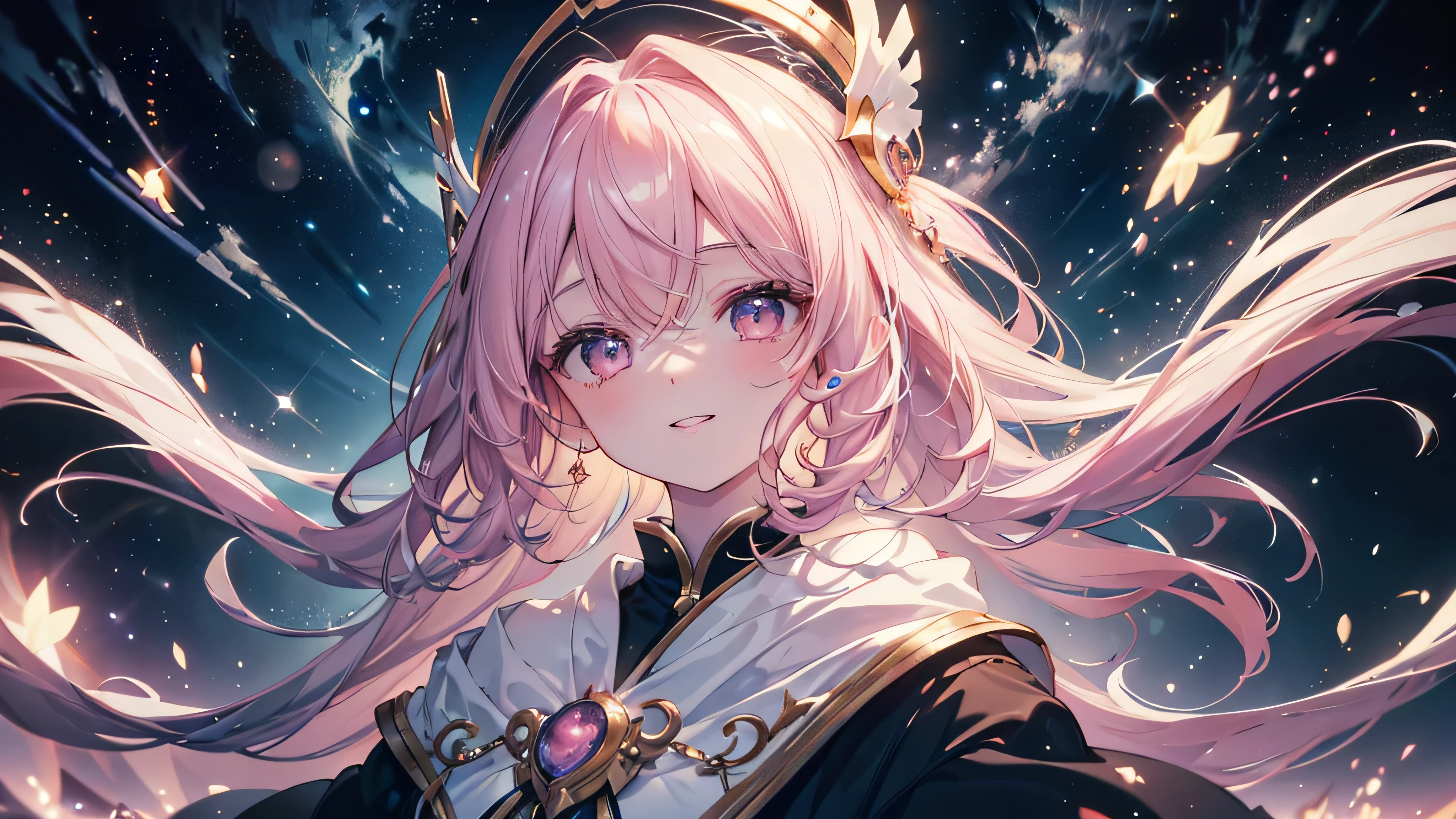 (((Highest quality、masterpiece、Ultra-fine、Ultra-fine、Exquisite、16K、Full HD,high school girl,))) 、((The best smile)), (((Looking up)))) 、Dark Eyes、Long eyelashes、White skin、(Pale pink lips、Pale pink cheeks、thin and long)、 ((cute)) ((One person)) 、((Glare)) 、Wide Shot、Space galaxy background、(A magnificent composition、epic proportion)、Dynamic lighting、、