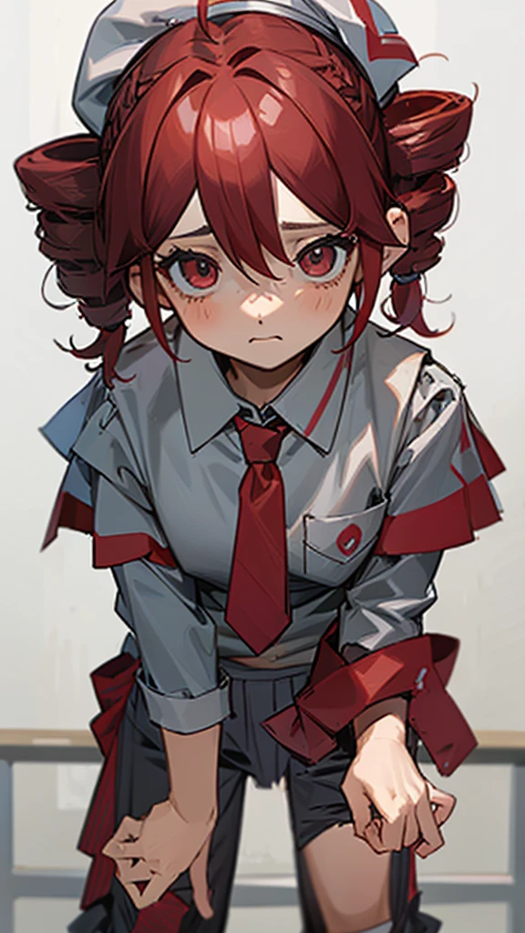 One girl, (Sagging under the eyes:1.5), Red Hair, twin_Braiding, Grey Beret, White shirt, Floral tie