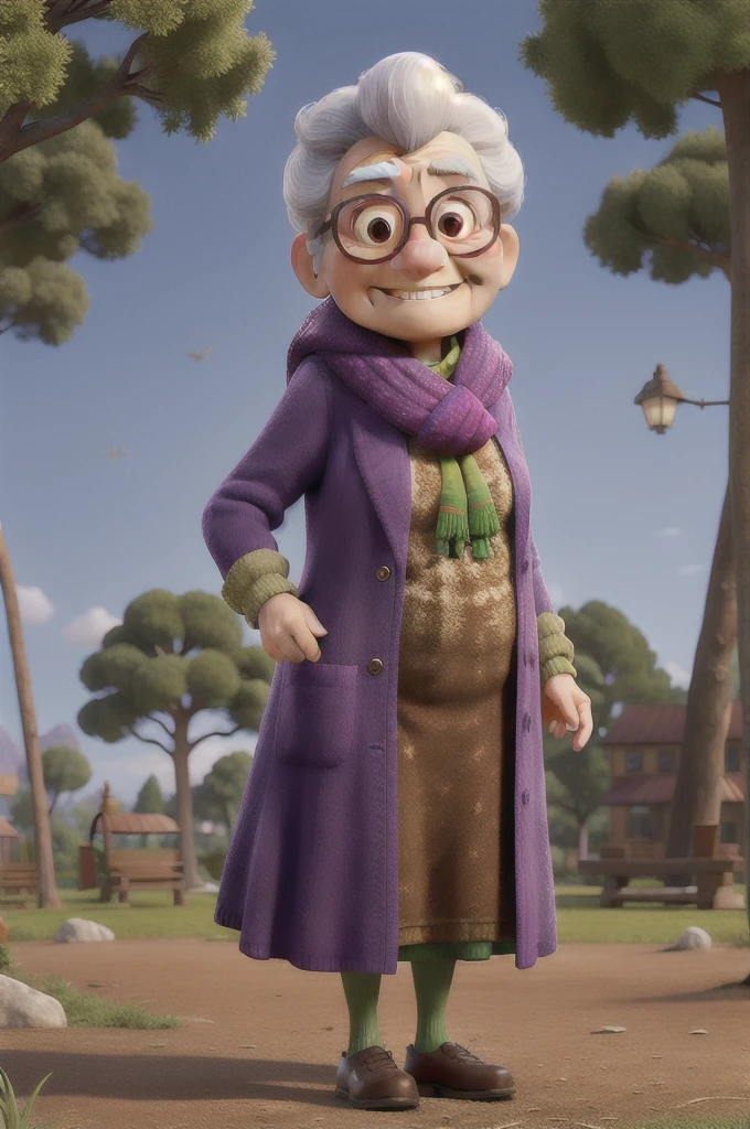 masterpiece, best quality, an old woman with glasses and a scarf on, wearing a purple coat and green scarf, standing at the park