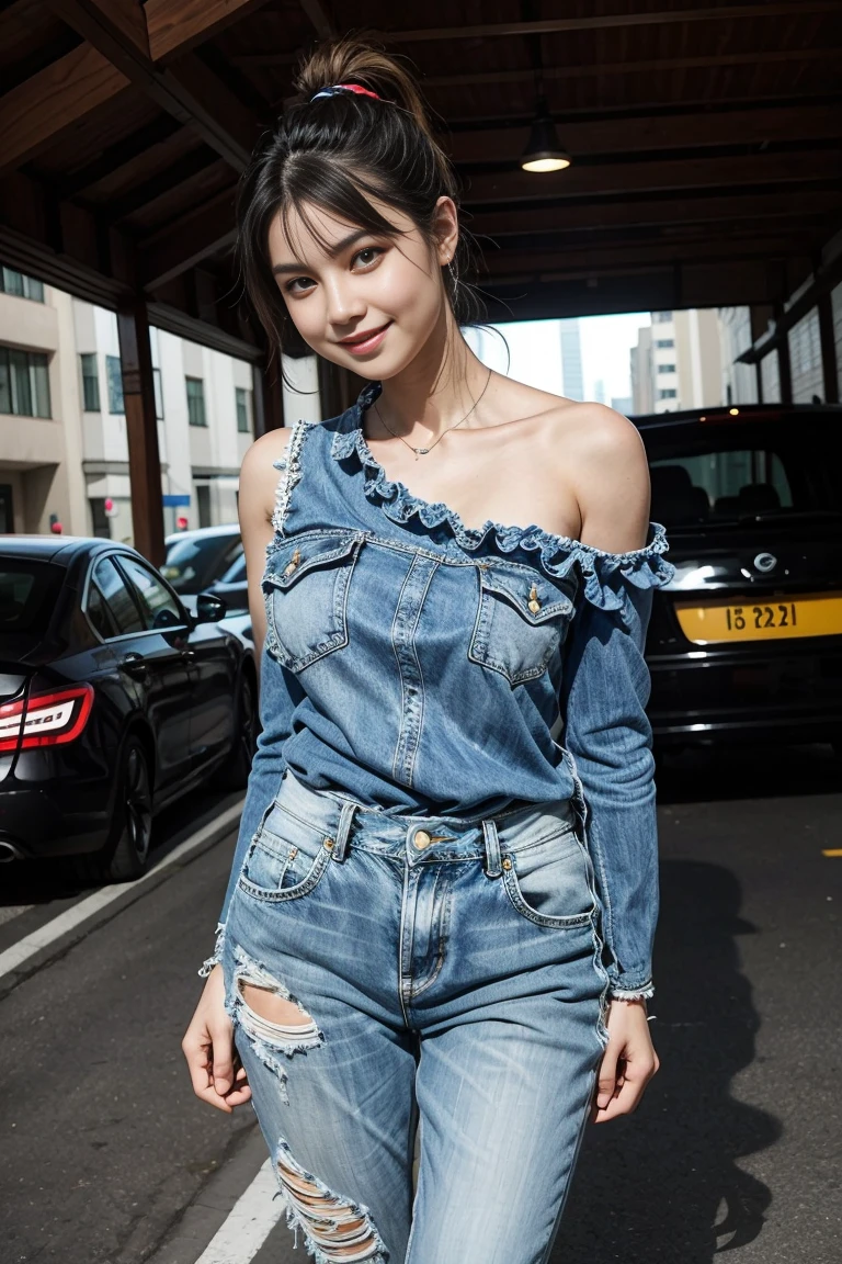 city night ,((full body shot:0.8)),with heavy traffic in the background ,beautiful woman,wearing One-shoulder Lace Patchwork Off-shoulder Ruffle Sleeve Top, heavy worn out blue jeans, red white sport shoes, woman with nice breasts, ponytail hair ,big hips, tan skin,   smile, eyelashes, highly detailed face, sexy