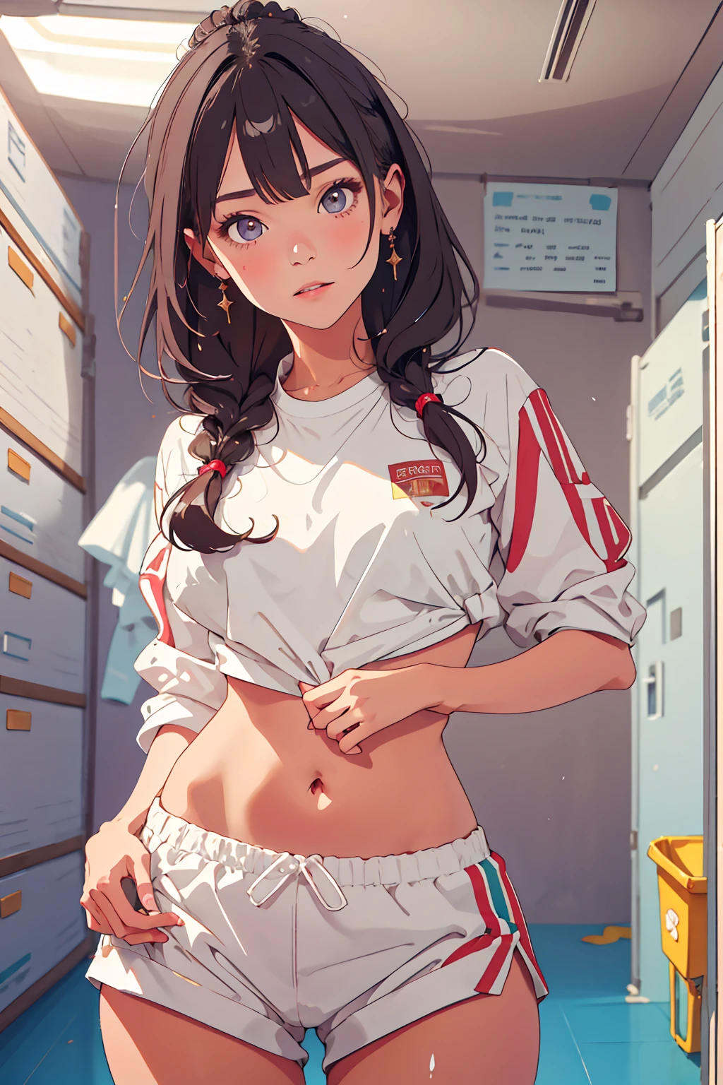 locker room,track suit,(Thin type:1.5),(large breasts),(random hairstyle), Photorealism, highest quality, ultra high resolution, photograph, exquisitely beautiful photograph, extraordinary beauty, cheek gloss highlight, perfect body, Biologically accurate, (cute and beautiful face details), (face to face with the children_v1: 0.008), beautiful bangs, shining white skin, bangs, between the eyes, (beautiful glossy hair, smooth hair, thin hair), high resolution eyes, beautiful, bright and transparent, Big eyes that shine charmingly, eyeliner, double eyelid, face focus:1.3, From before, decent woman,