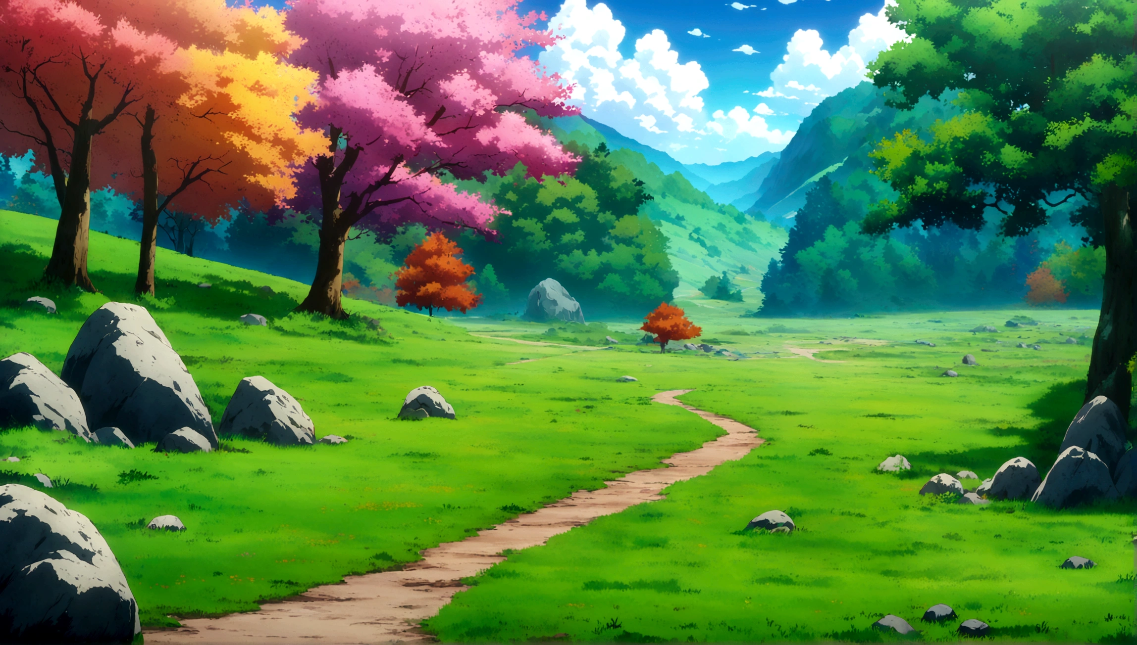 anime - style painting of a tree in a grassy field with rocks, anime countryside landscape, anime landscape, anime landscape wallpaper, anime background art, beautiful anime scenery, anime background, anime beautiful peace scene, anime scenery, anime movie background, anime nature, anime scenery concept art, colorful anime movie background, beautiful anime scene, anime scene, beautiful landscape background