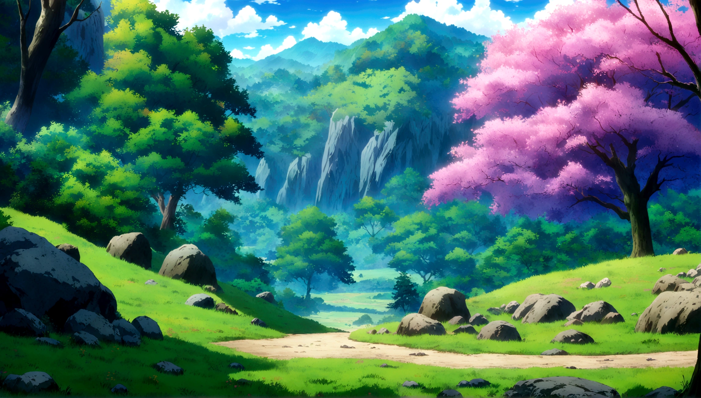 
anime - style painting of a tree in a grassy field with rocks, anime countryside landscape, anime landscape, anime landscape wallpaper, anime background art, beautiful anime scenery, anime background, anime beautiful peace scene, anime scenery, anime movie background, anime nature, anime scenery concept art, colorful anime movie background, beautiful anime scene, anime scene, beautiful landscape background