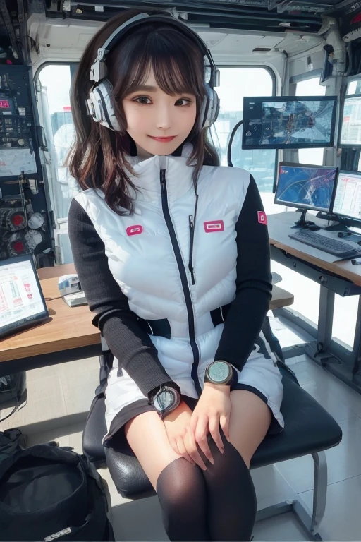 masterpiece, Highest quality, Very detailed, 8K Portrait,Japanese Android Girl,plump , Control panel,Robotic arms and legs, Blunt bangs,,break (Metallic Gray, Metallic luster, Mirror finish, Astro Best):5,headphone:5,break (Black sleeves):100,Smart Watches,Futuristic space station,Control Room,break headphone,blue eyes,(Black Hair):2,(Long Hair):1.3,Displaying the viewer,(respirator),break blush:3,Hidden Hand,smile
